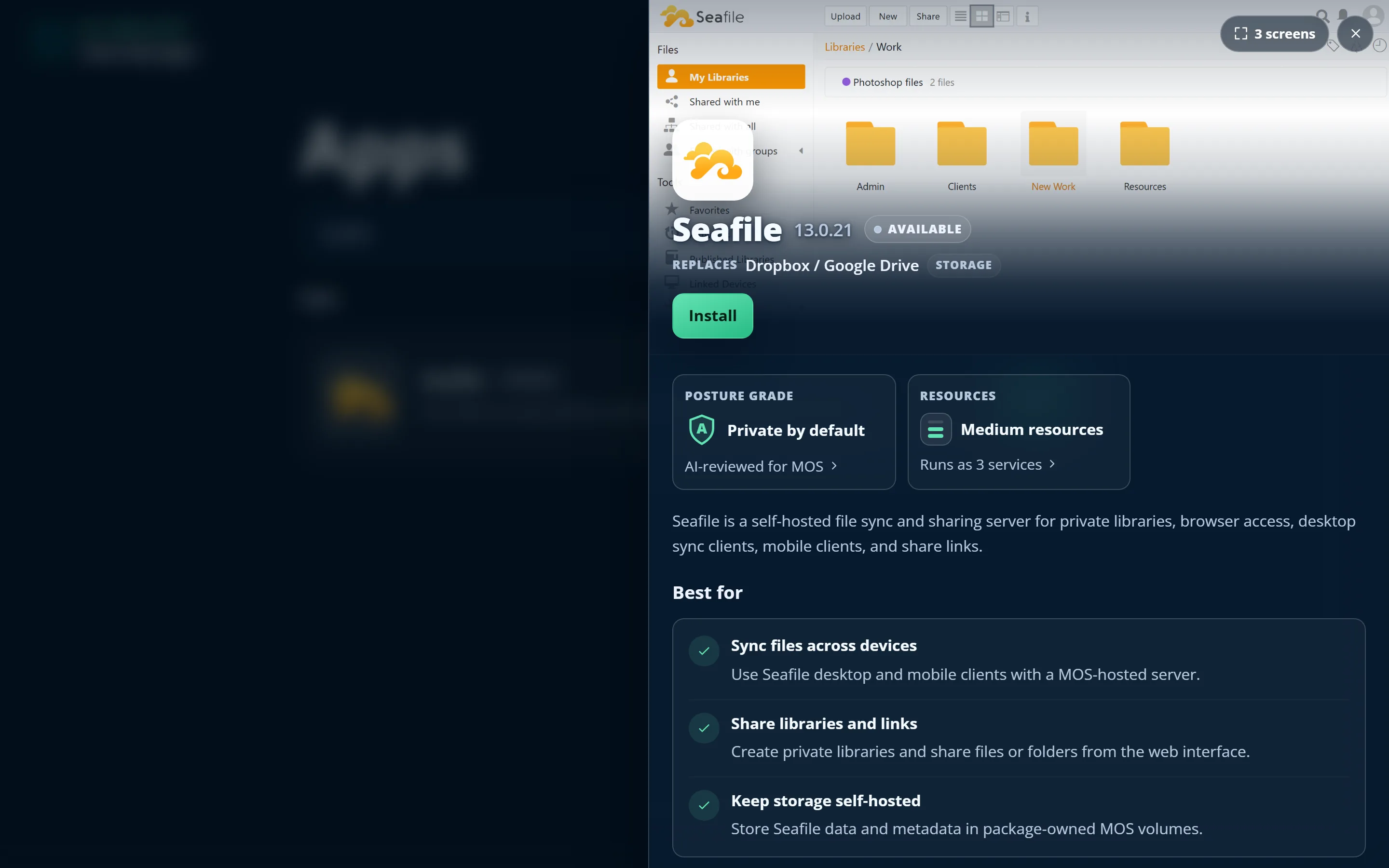 An app's detail view with a one-click Install action and its privacy posture grade