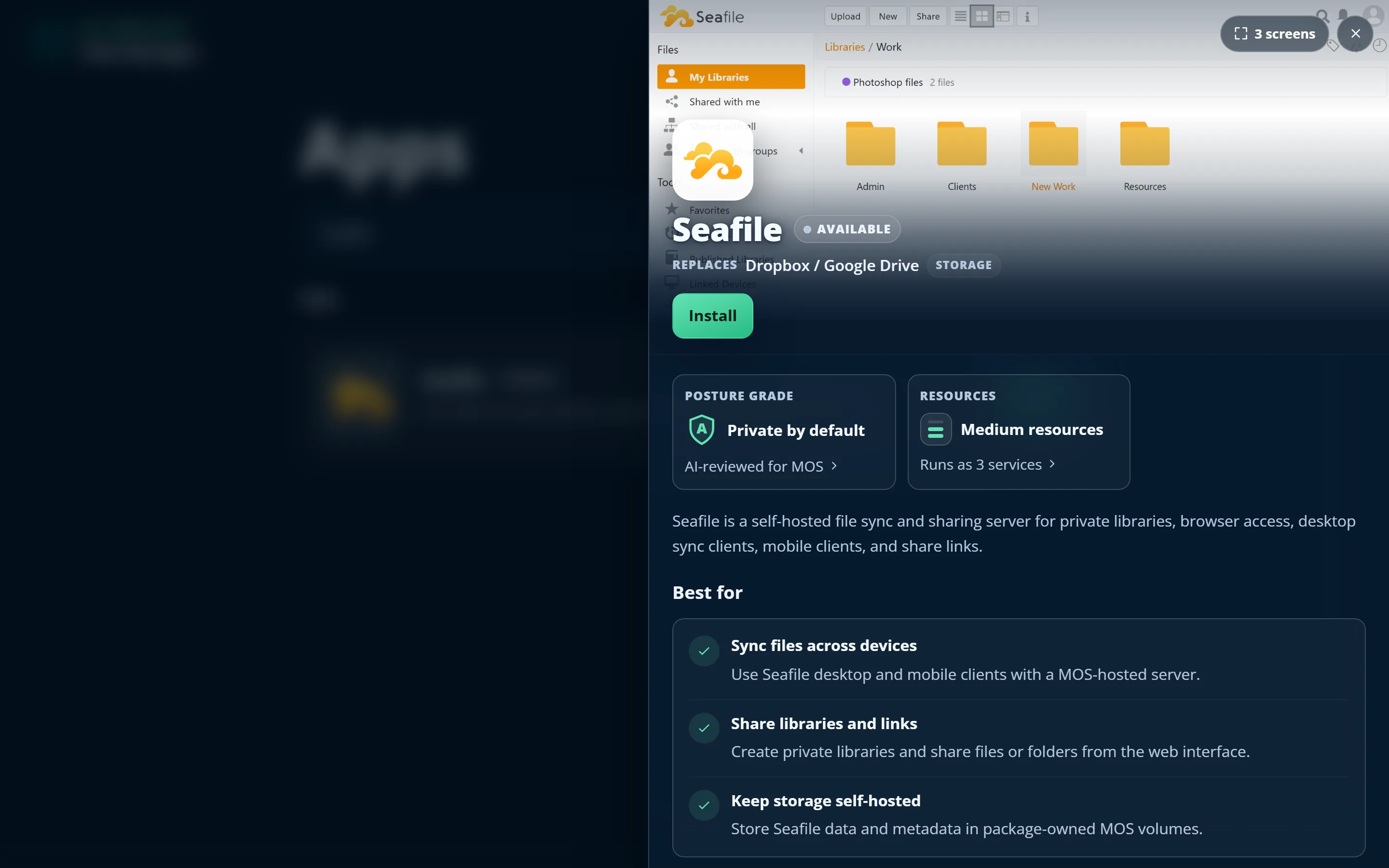 An app's detail view with a one-click Install action and its privacy posture grade