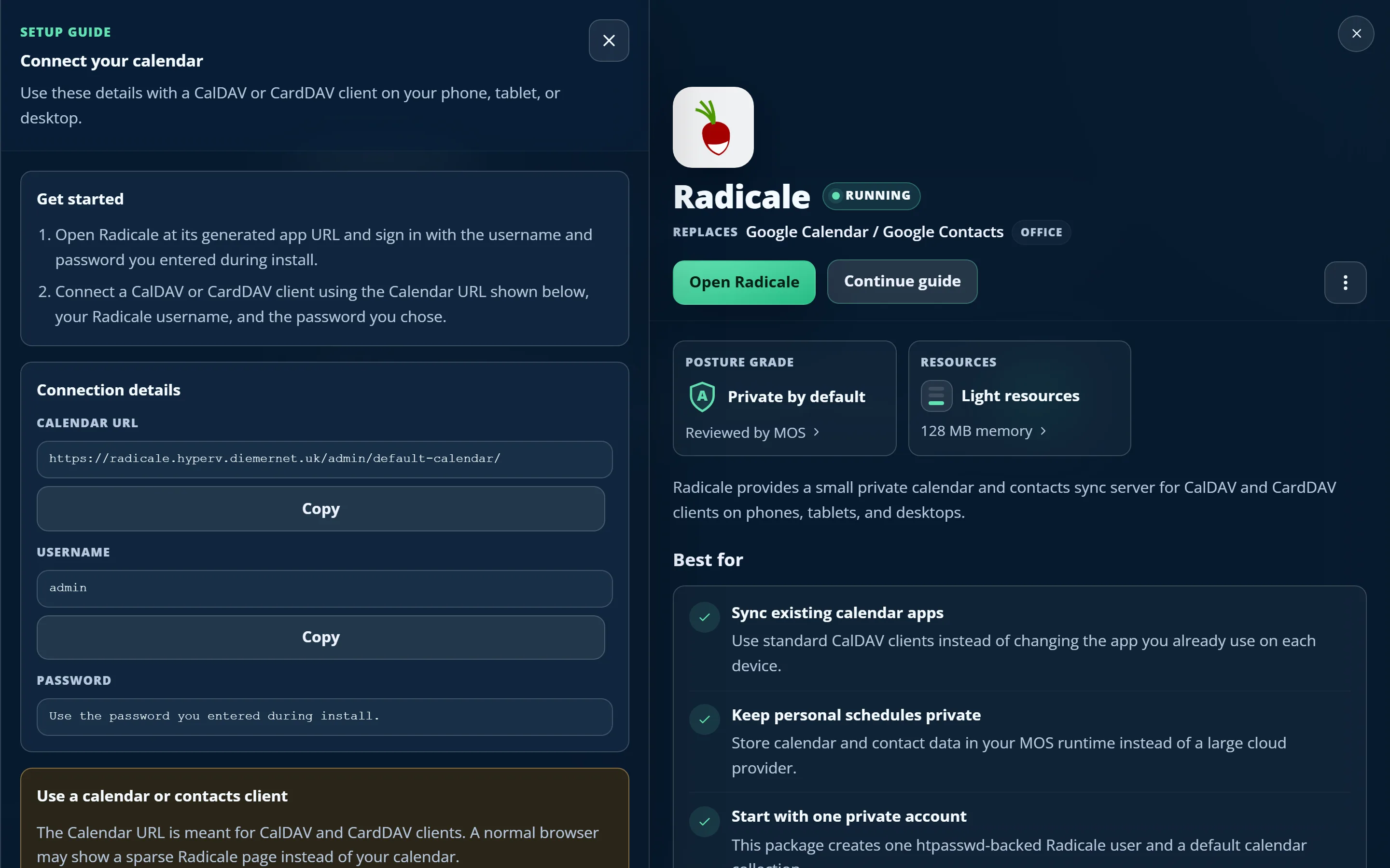 A per-app setup guide with per-device steps beside the app's detail view