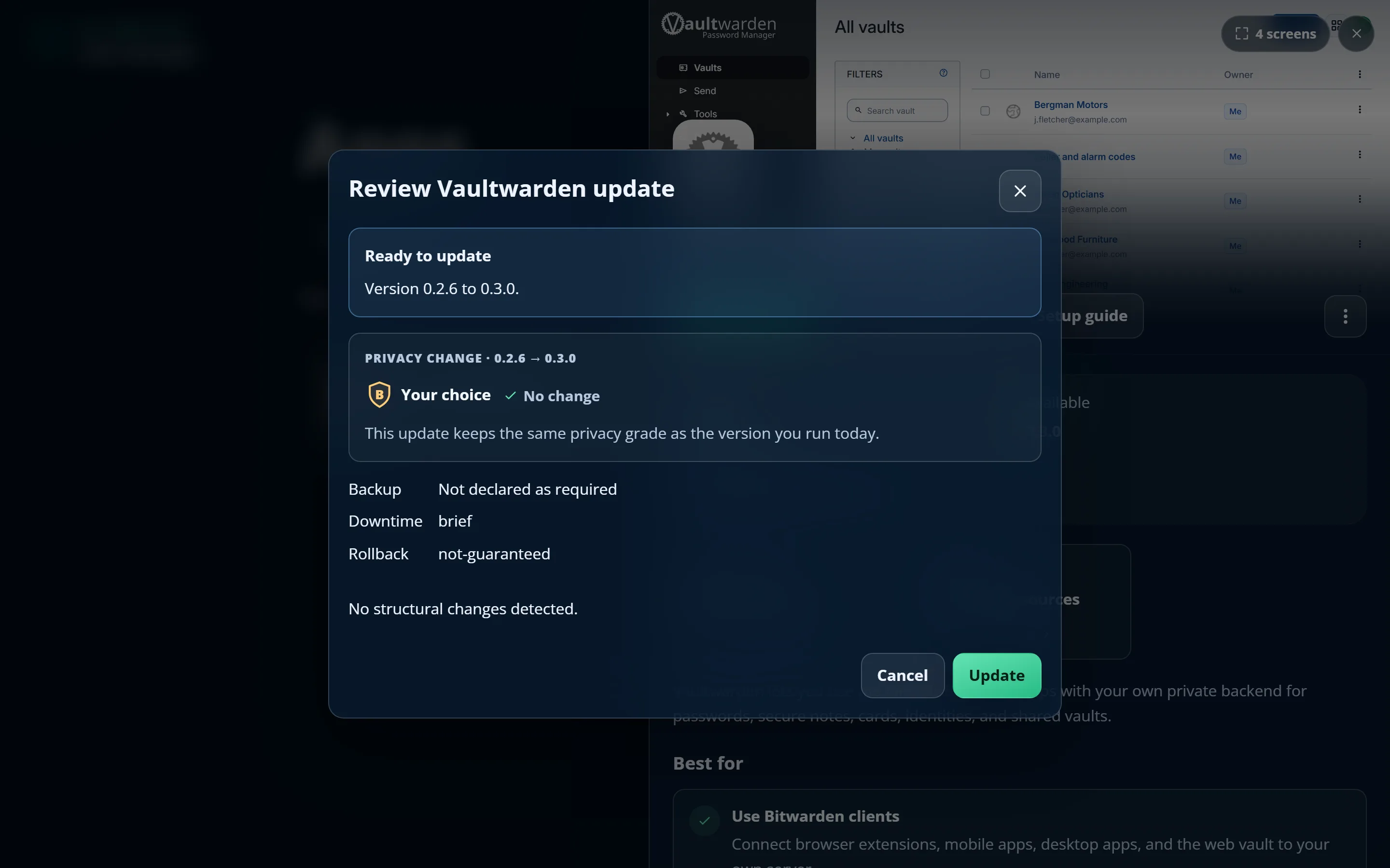 The update review dialog listing what an app update changes before it is applied