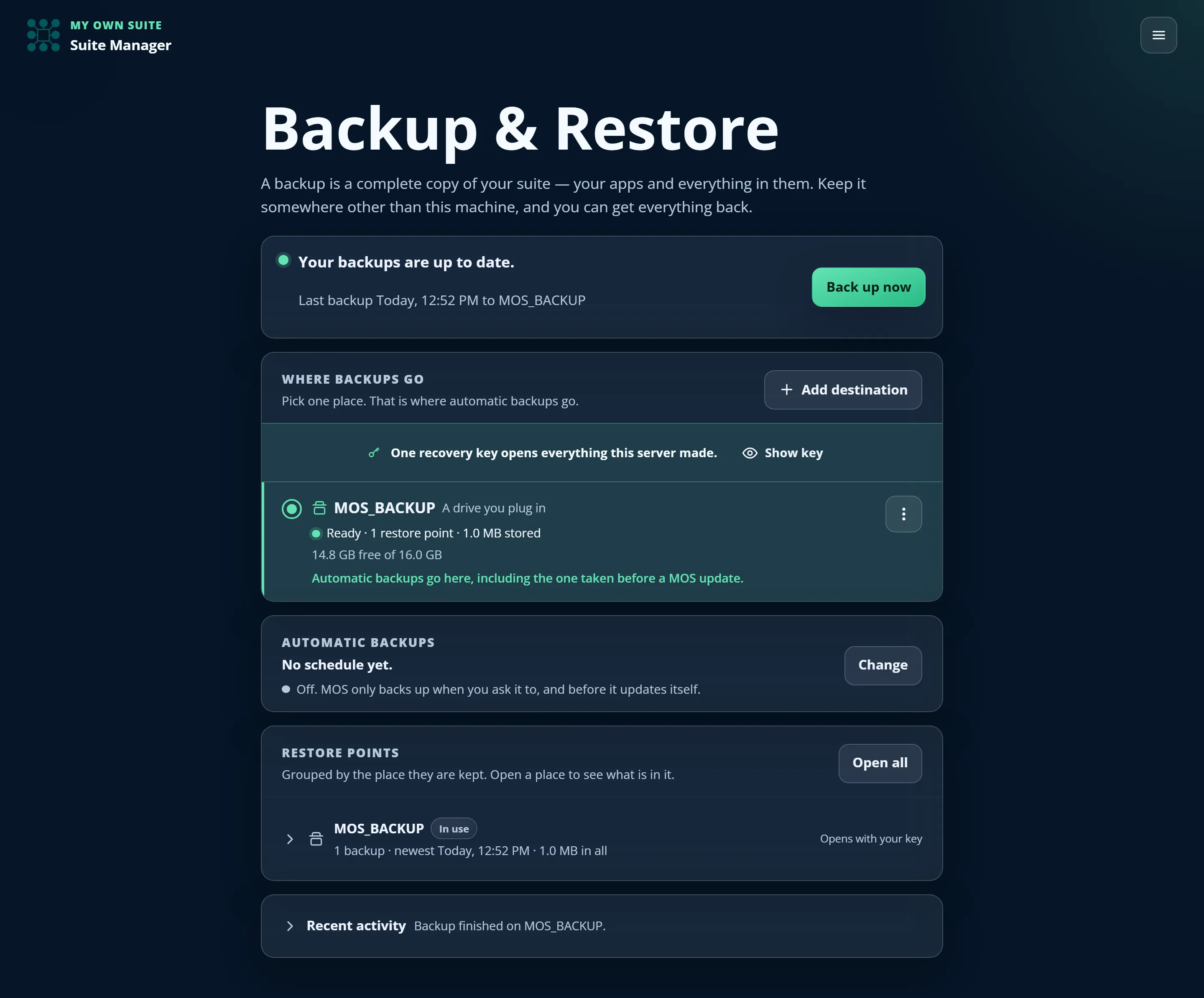 Backup and restore page in Suite Manager