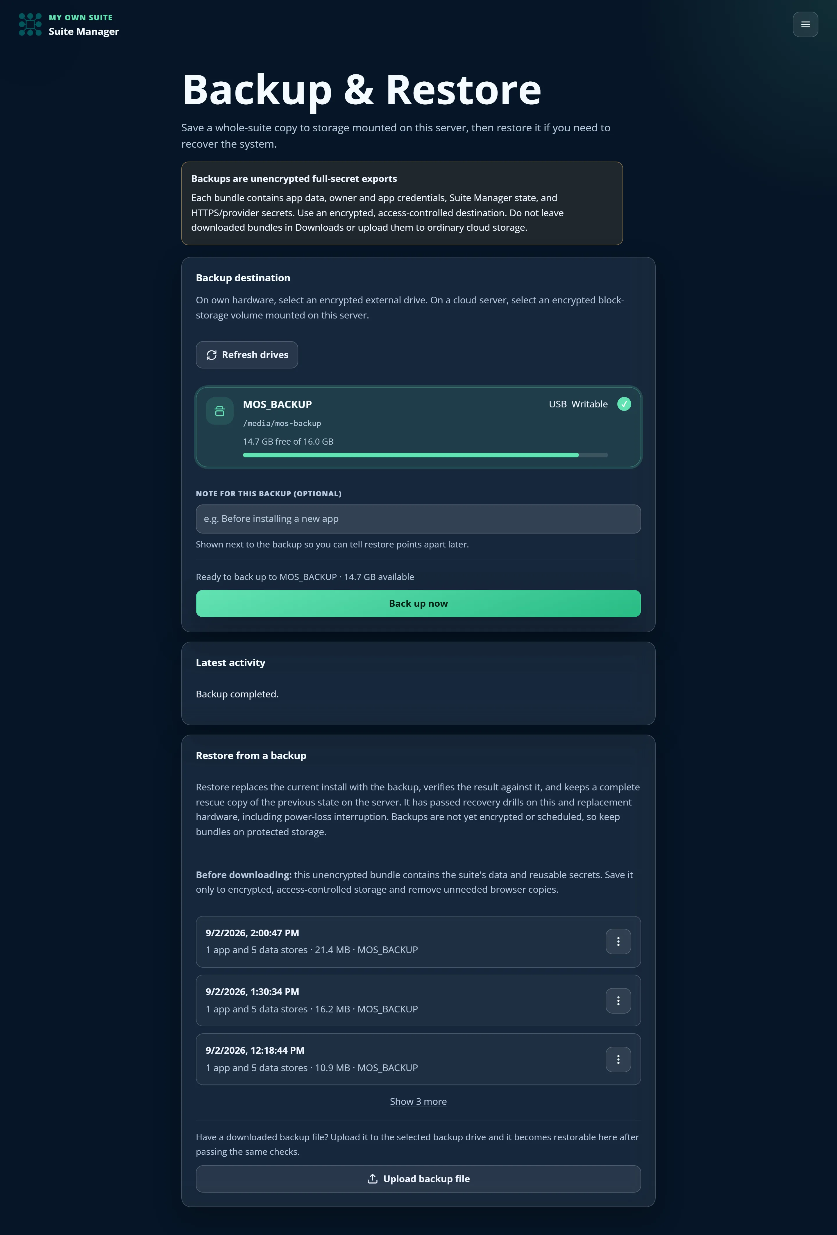 Backup and restore page in Suite Manager