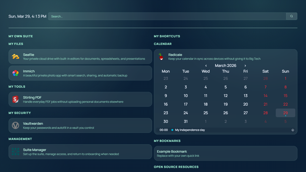 My Own Suite Homepage dashboard with app categories, widgets, and management links.