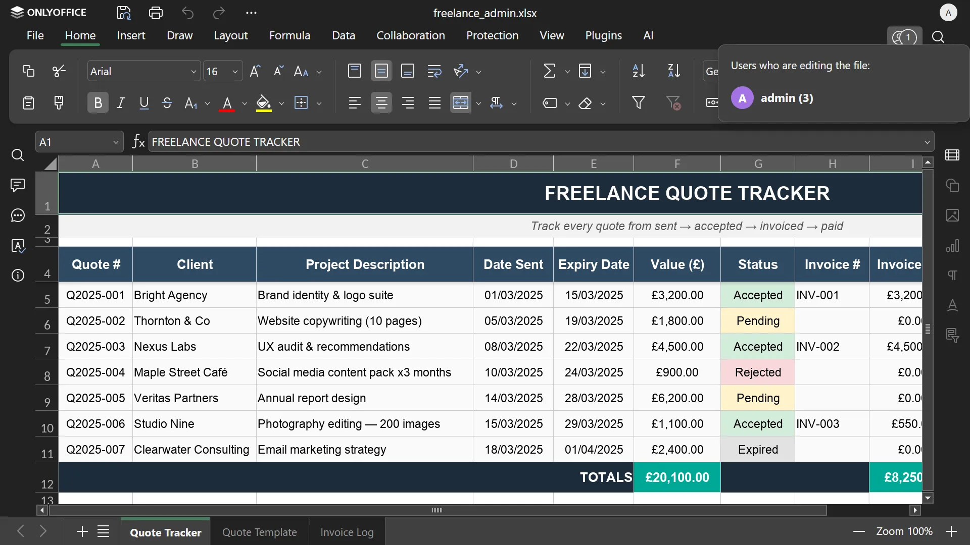 ONLYOFFICE spreadsheet editor showing a shared workbook with real-time multi-user collaboration.