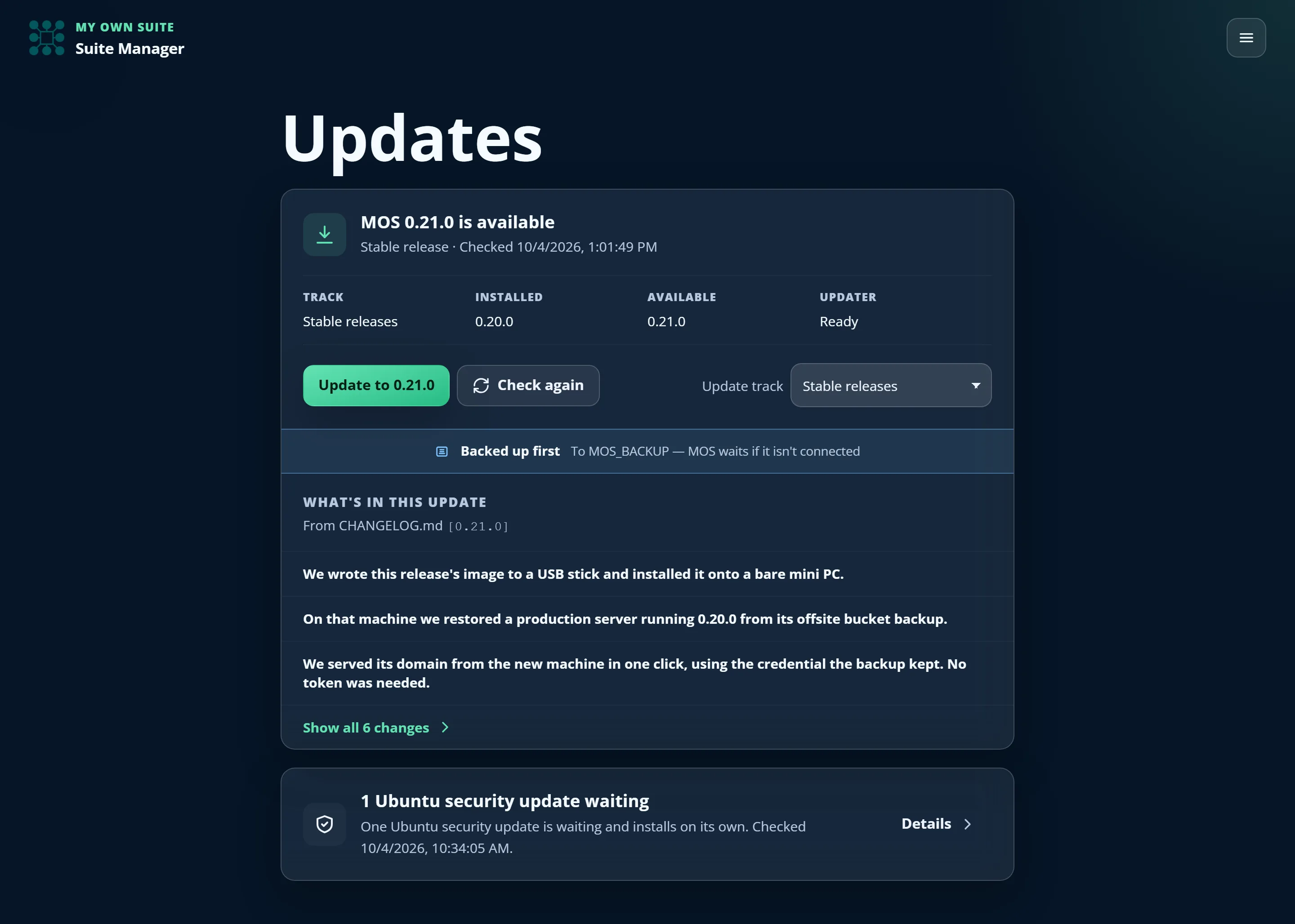 The Updates screen showing a stable-track platform update with its release notes