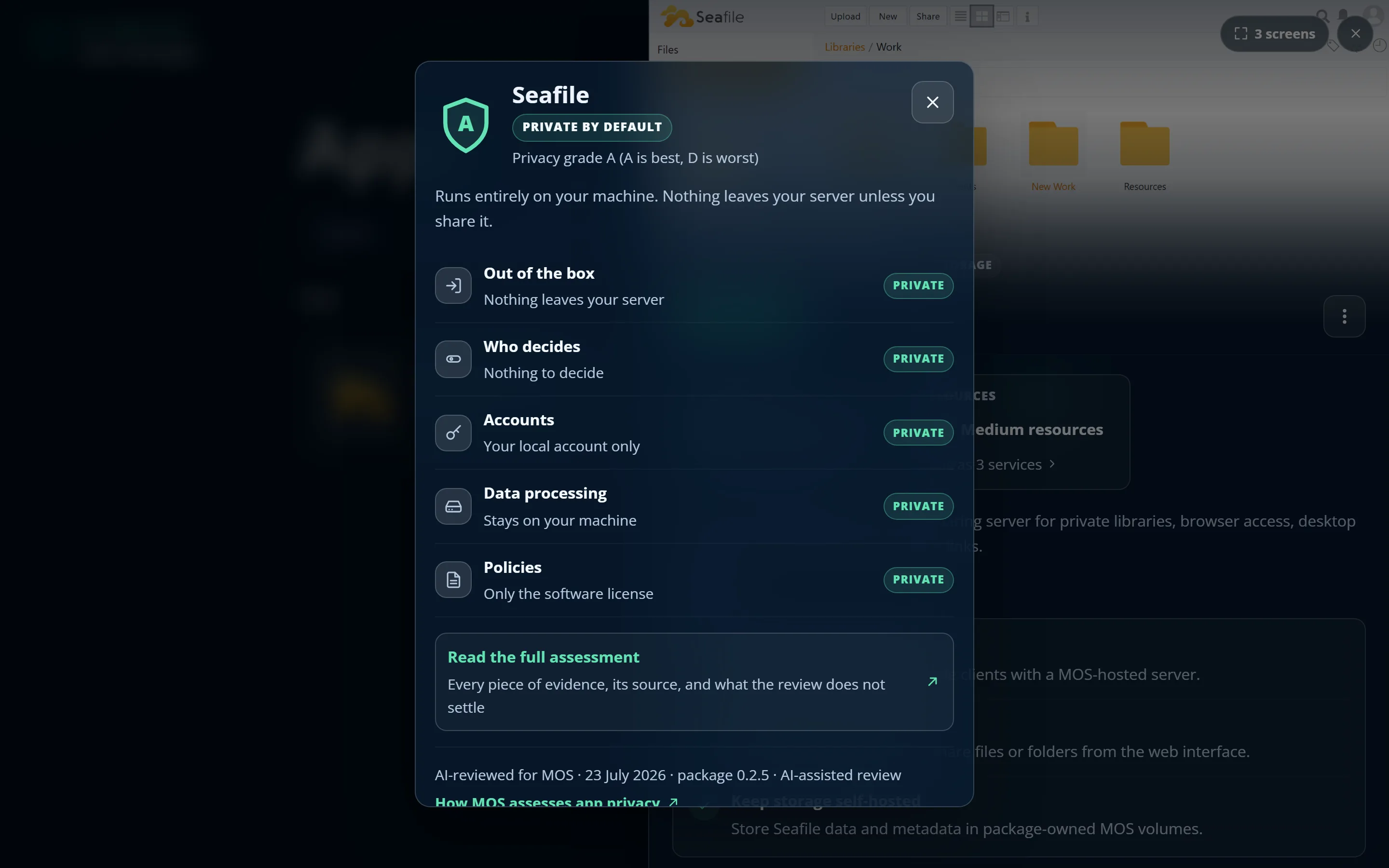 The privacy posture dialog showing an app's A-to-D grade and per-dimension verdicts