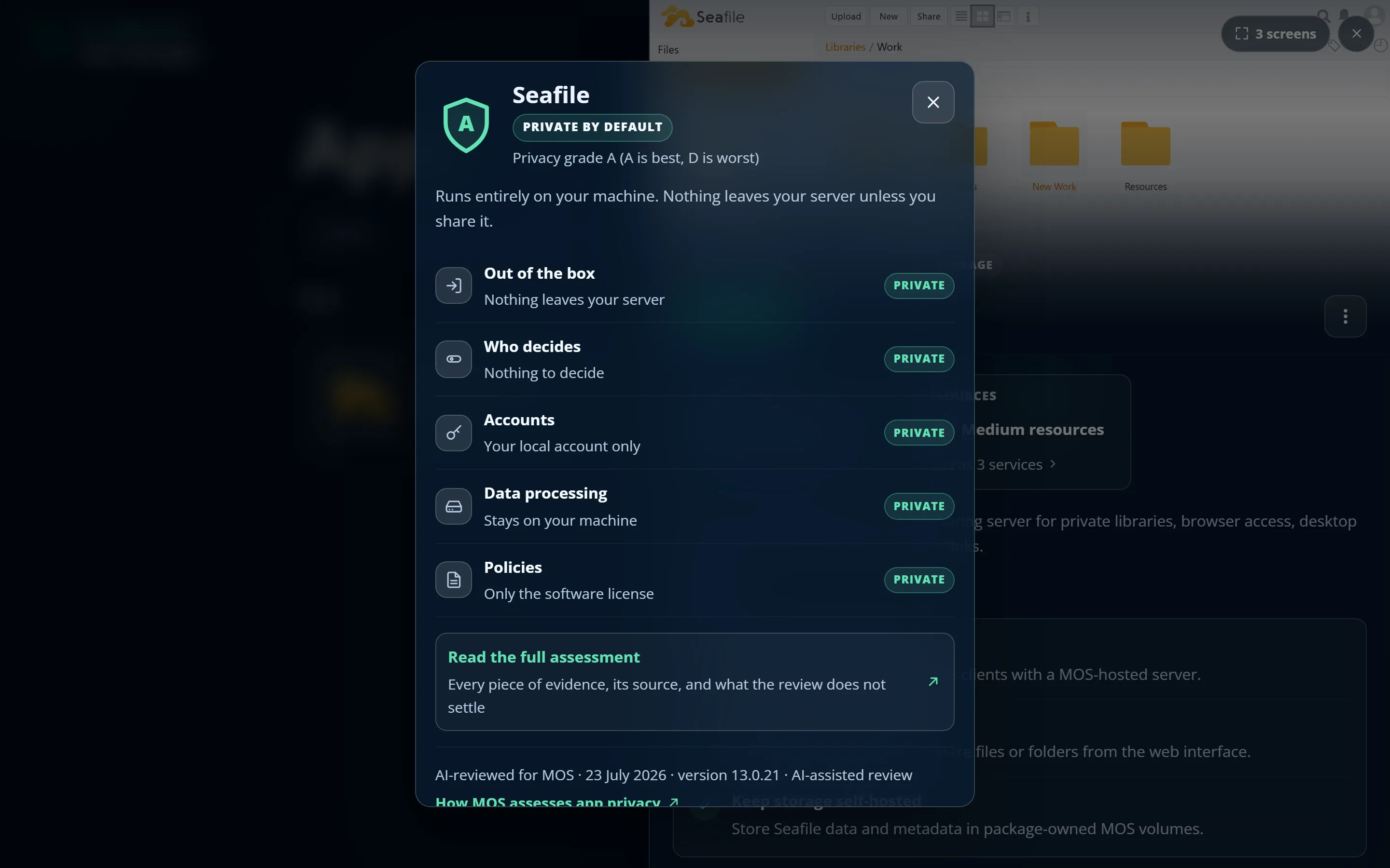 The privacy posture dialog showing an app's A-to-D grade and per-dimension verdicts