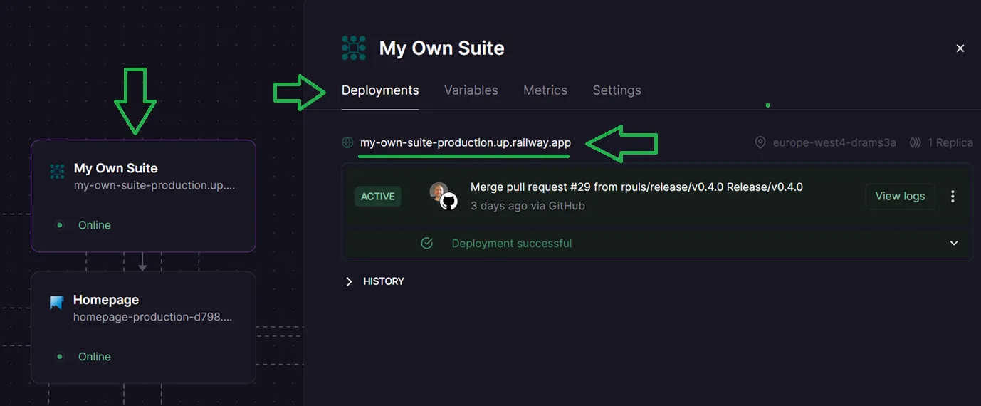 Railway deployment details page highlighting where to open the public URL for a My Own Suite deployment.