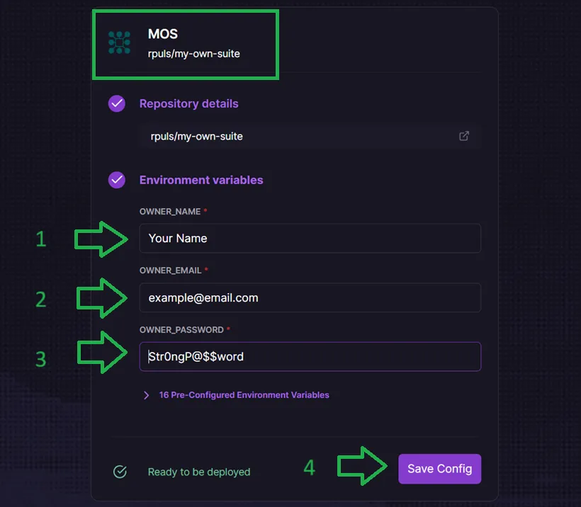 Railway deploy form showing the required My Own Suite owner inputs for name, email, and password before the deployment can start.