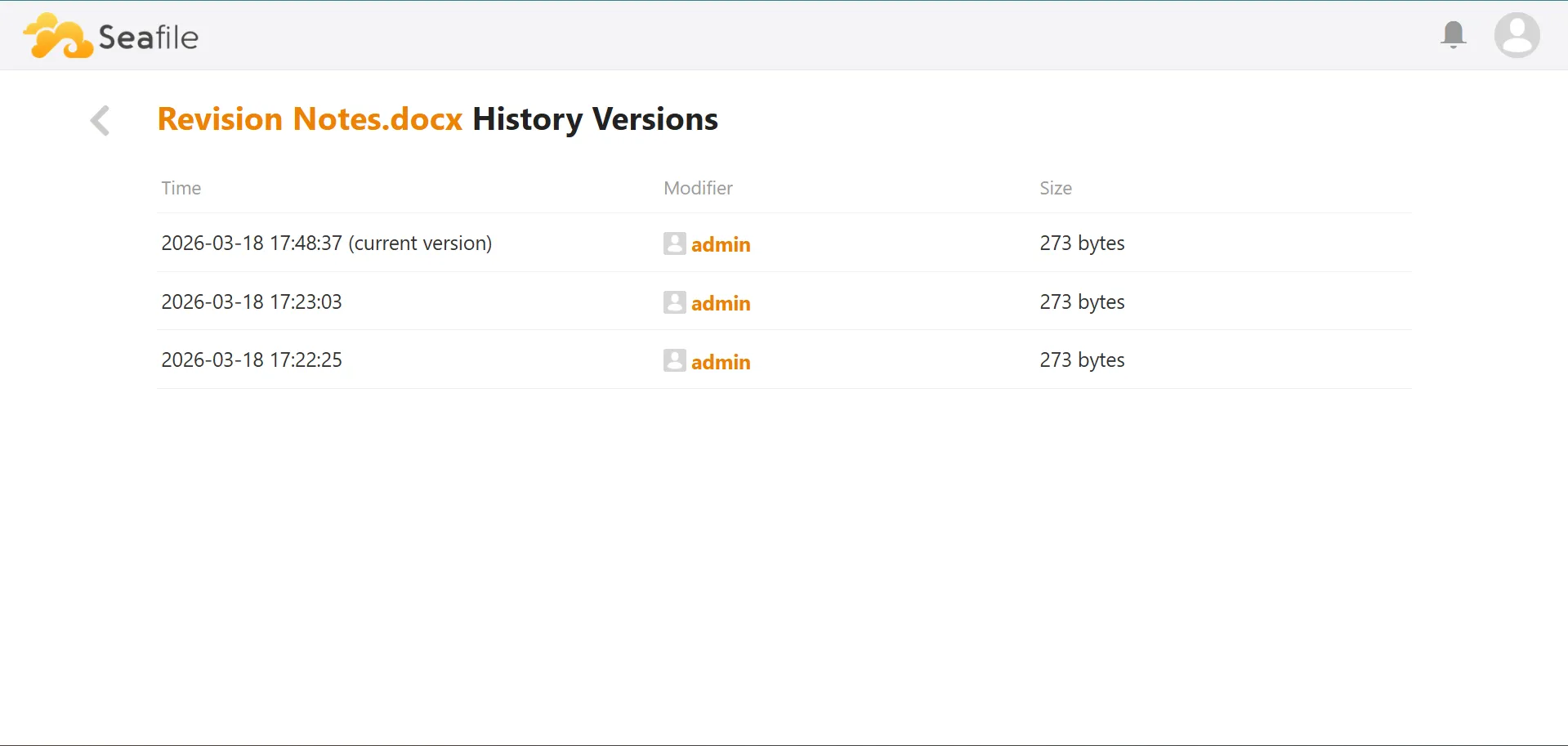 Seafile document history screen listing older versions of a file for recovery and auditing.